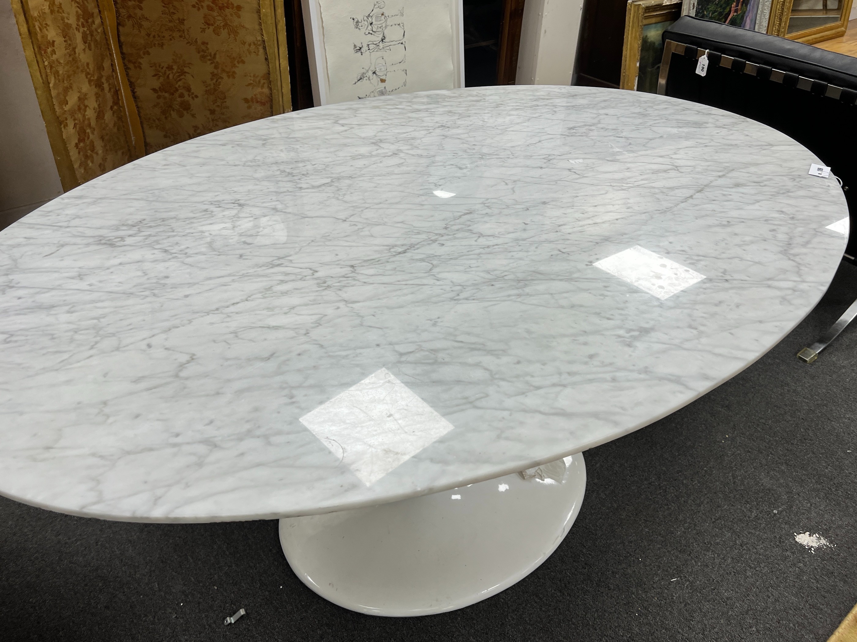 A Saarinen style white “tulip” table with oval marble top, width 171cm, depth 111cm, height 73cm